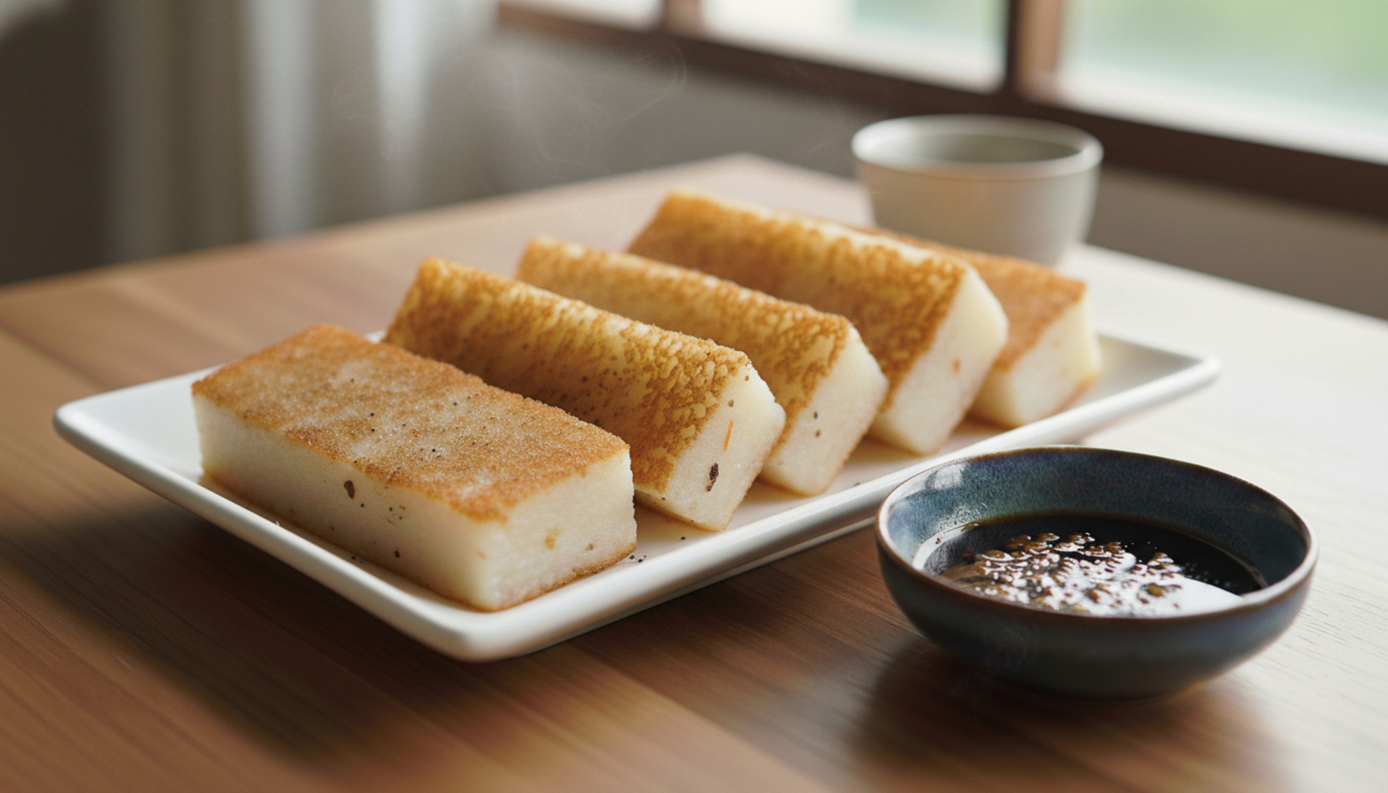 台灣菜頭粿煎至表面金黃,切成長方塊搭配醬料食用。